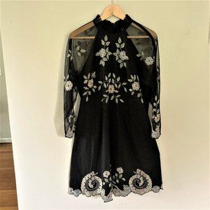 Topshop Black Mesh Floral Embroidered Dress